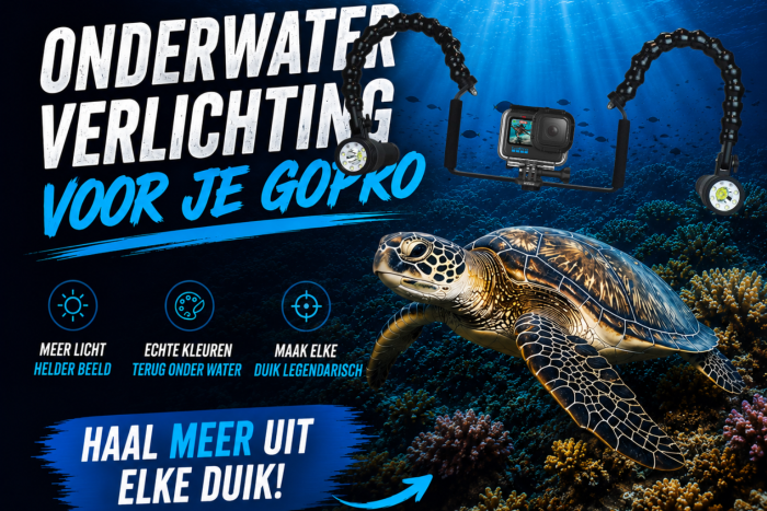 GoPro met videolampen voor kleurrijke en contrastrijke onderwaterbeelden.
