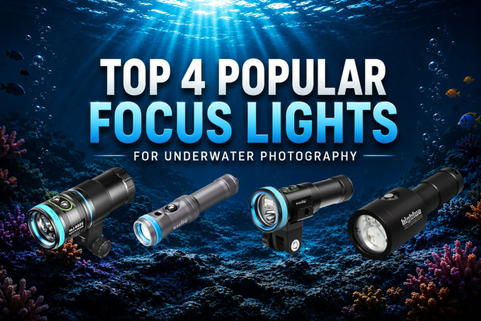 Vergelijking van vier onderwater focuslampen voor fotografie met specificaties en lichtstanden