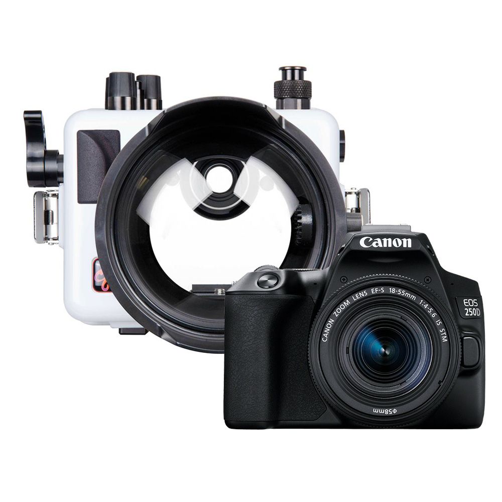 Canon EOS 250D met 18-55 STM lens en Ikelite onderwaterhuis