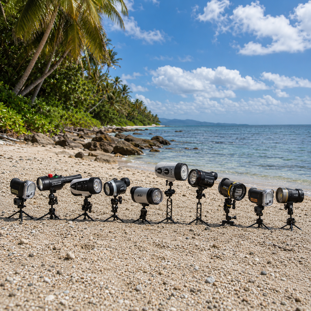 Onderwaterflitsers op een rij op het strand voor onderwaterfotografie