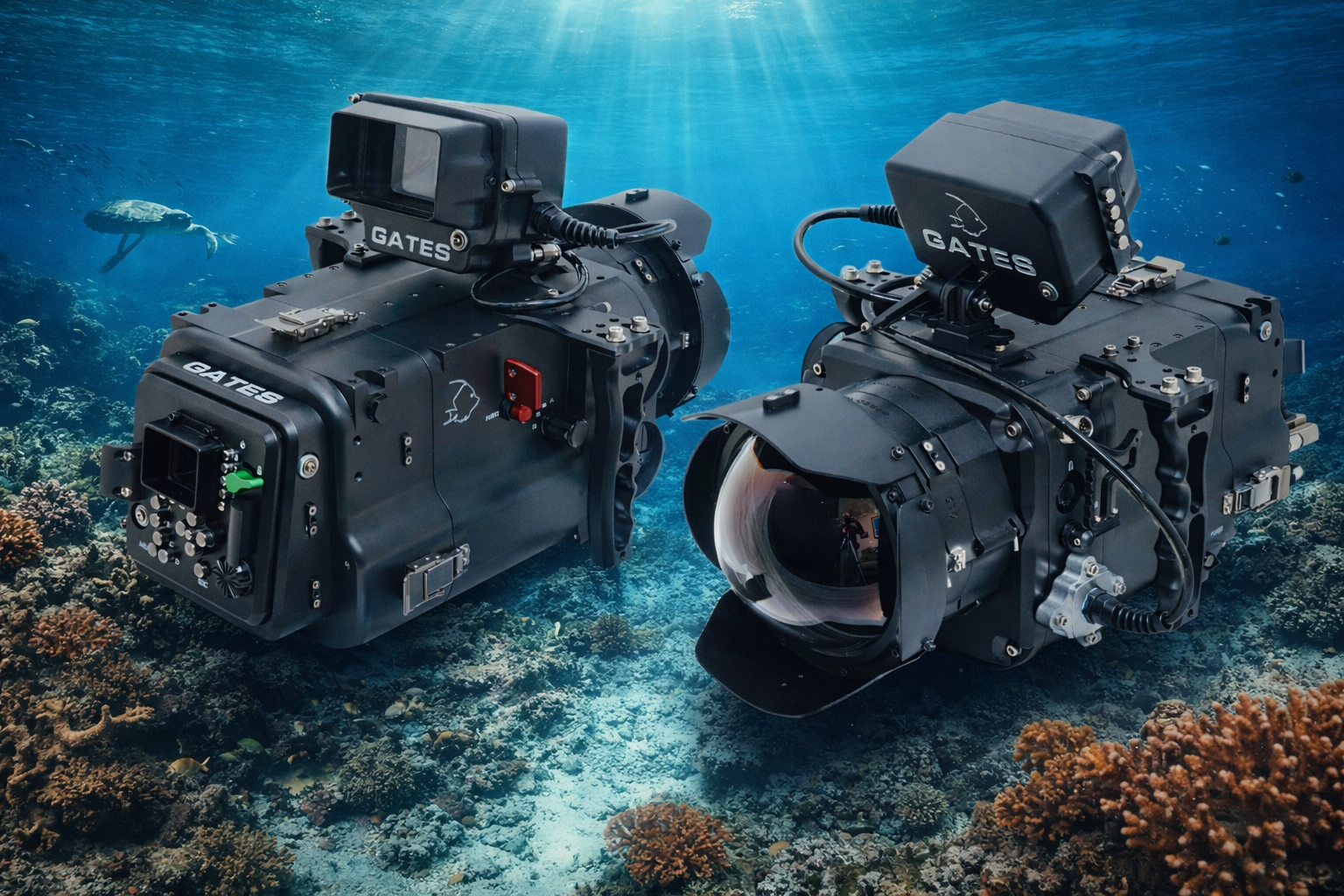 Gates underwater housing gebruikt voor professionele onderwater filmopnames