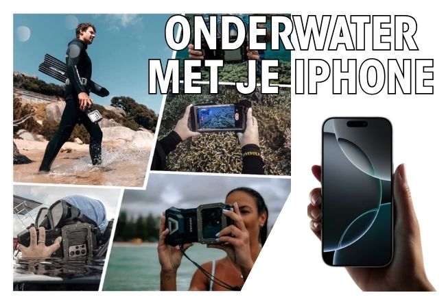 Duiker gebruikt iPhone in Divevolk housing onder water bij kleurrijk rif